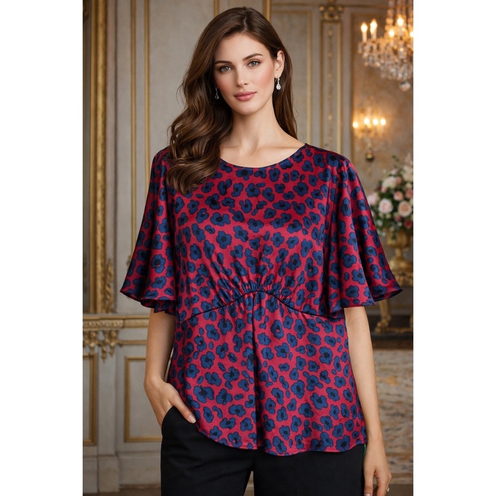 SUGAR LIPS Peplum Blouse Size Large Red Blue Floral